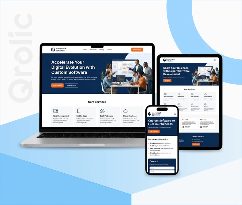 Software Company Solutions Website Design Service Software company website design and development services showcasing a product UI and deployment dashboard