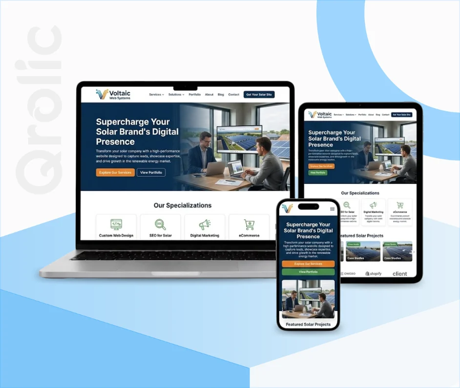Solar energy company website design and development services showing project gallery and lead capture form by Qrolic

