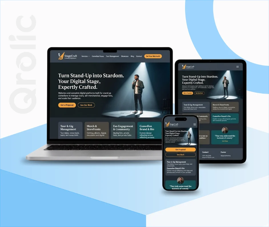 Stand-up comedian website design and development services showing video showcase and show booking tools