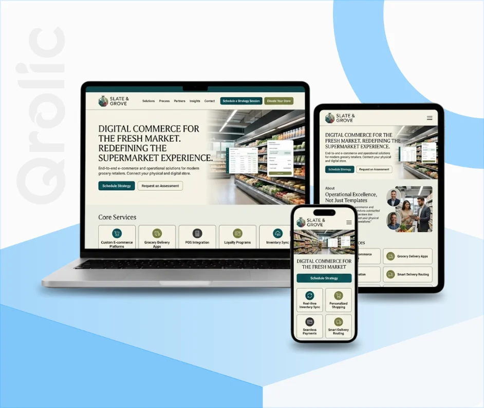 Supermarket website design and development services showing an online ordering system and inventory management