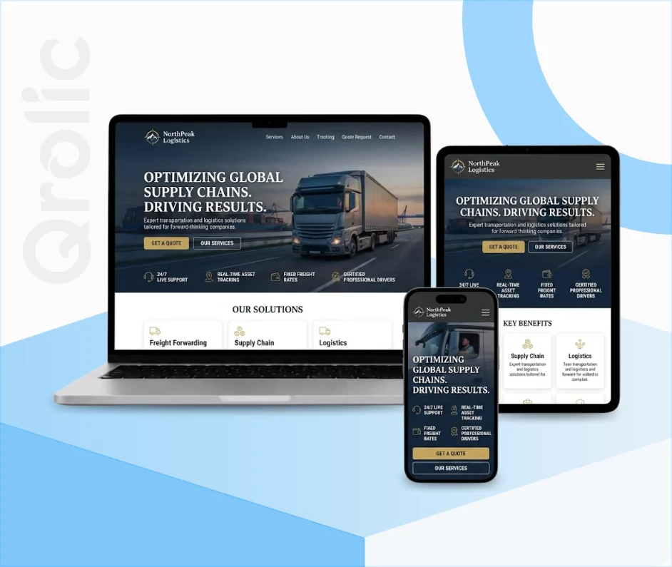 Transportation company website design and development services showing fleet management dashboard and booking system by Qrolic
