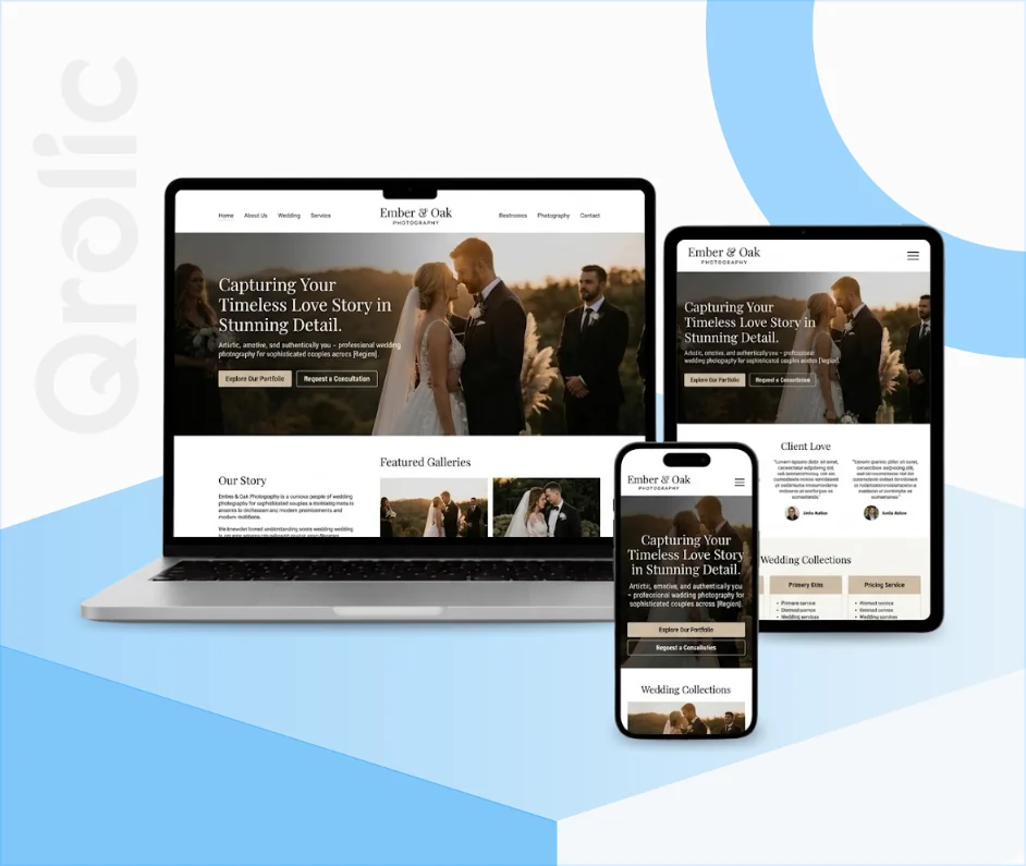 Wedding photographers website design and development services hero banner showing a stunning portfolio gallery