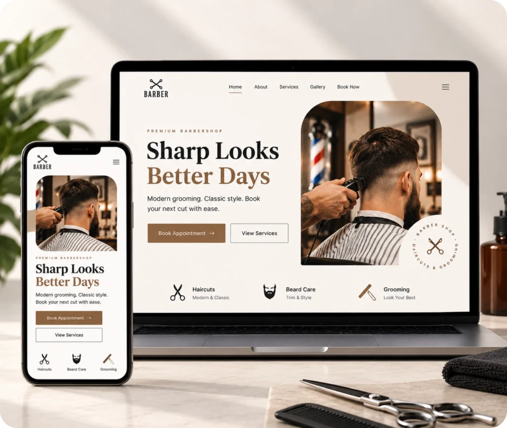 Barber shop website design and development services by Qrolic
