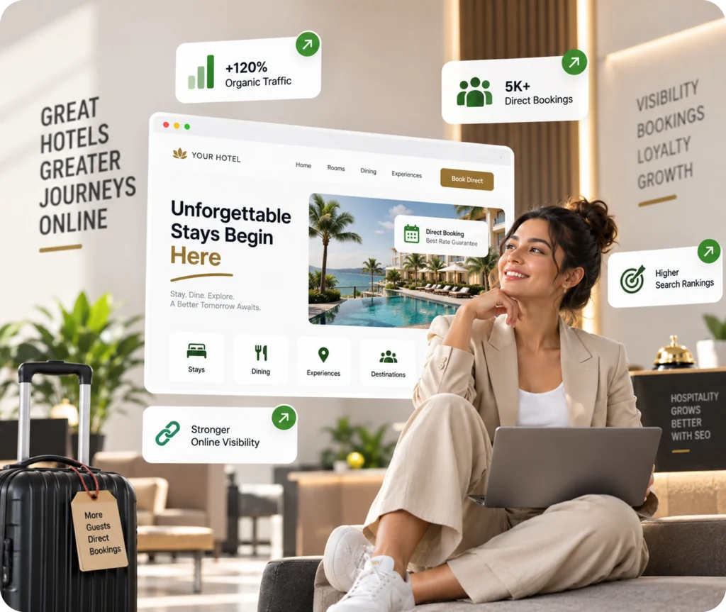Hospitality SEO services displayed on a desktop screen