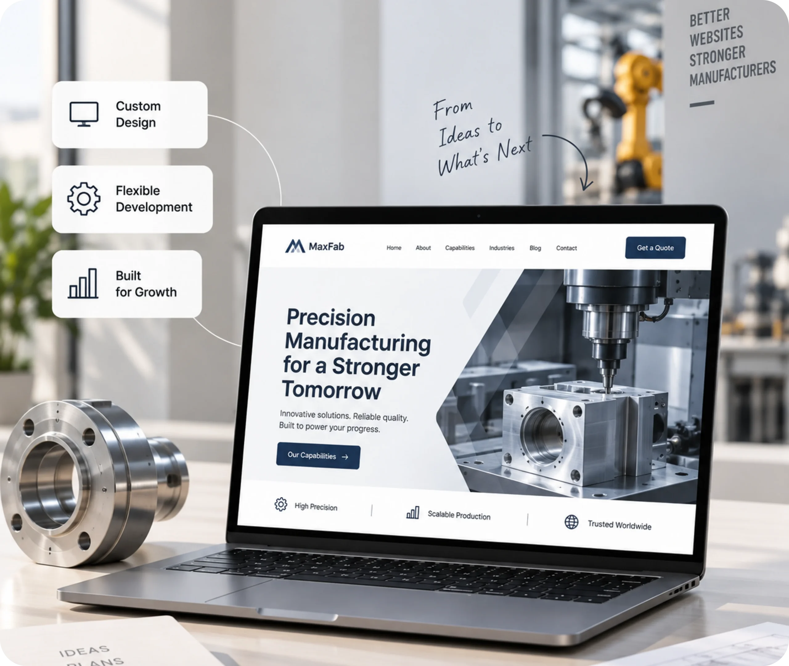 Laptop screen showcasing modern manufacturing website design and custom web development layout for an industrial manufacturing company
