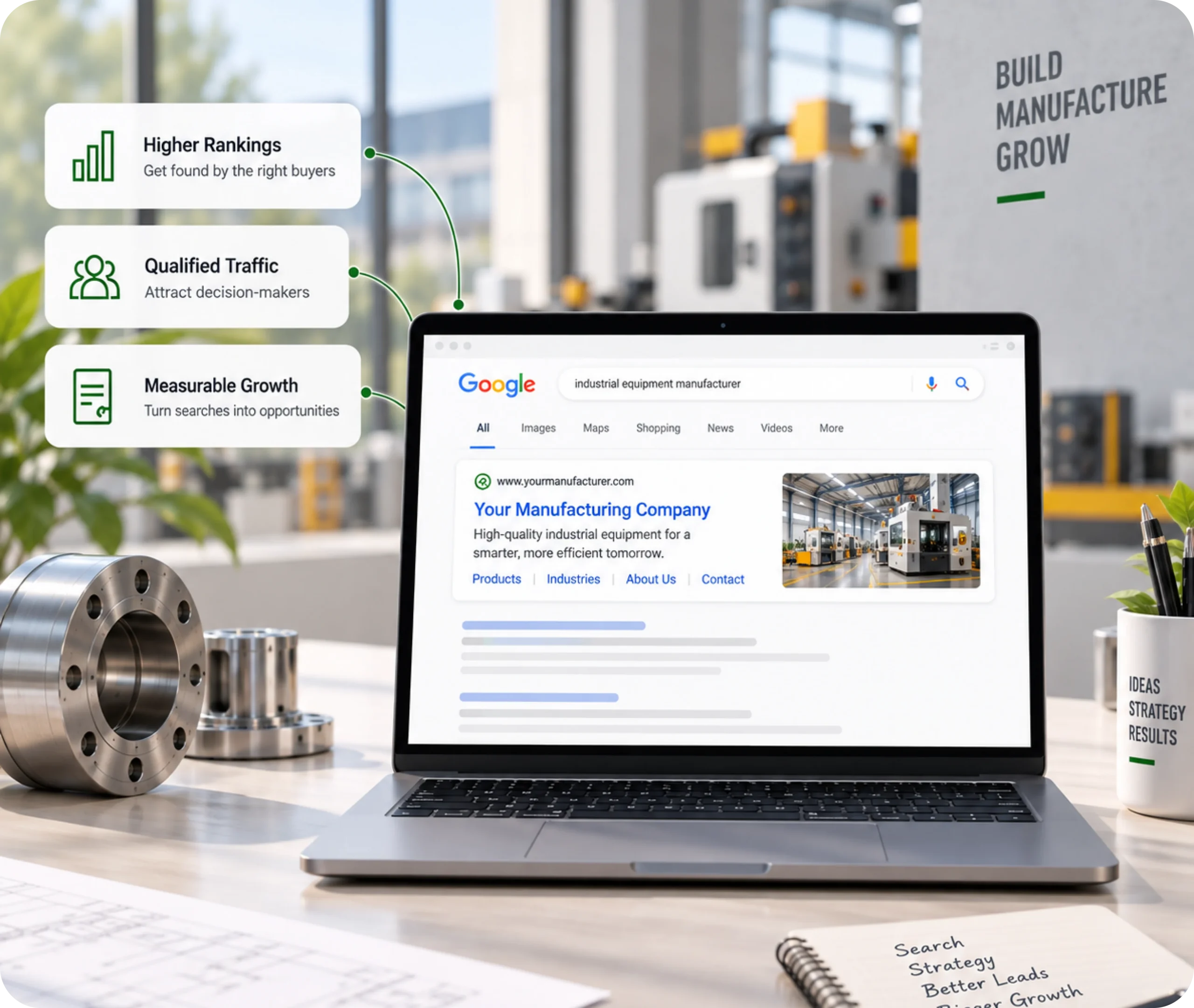 SEO Services for Manufacturers to Drive Qualified RFQs Laptop showing Google search results for manufacturing SEO services, industrial equipment manufacturer listings, and growth metrics.