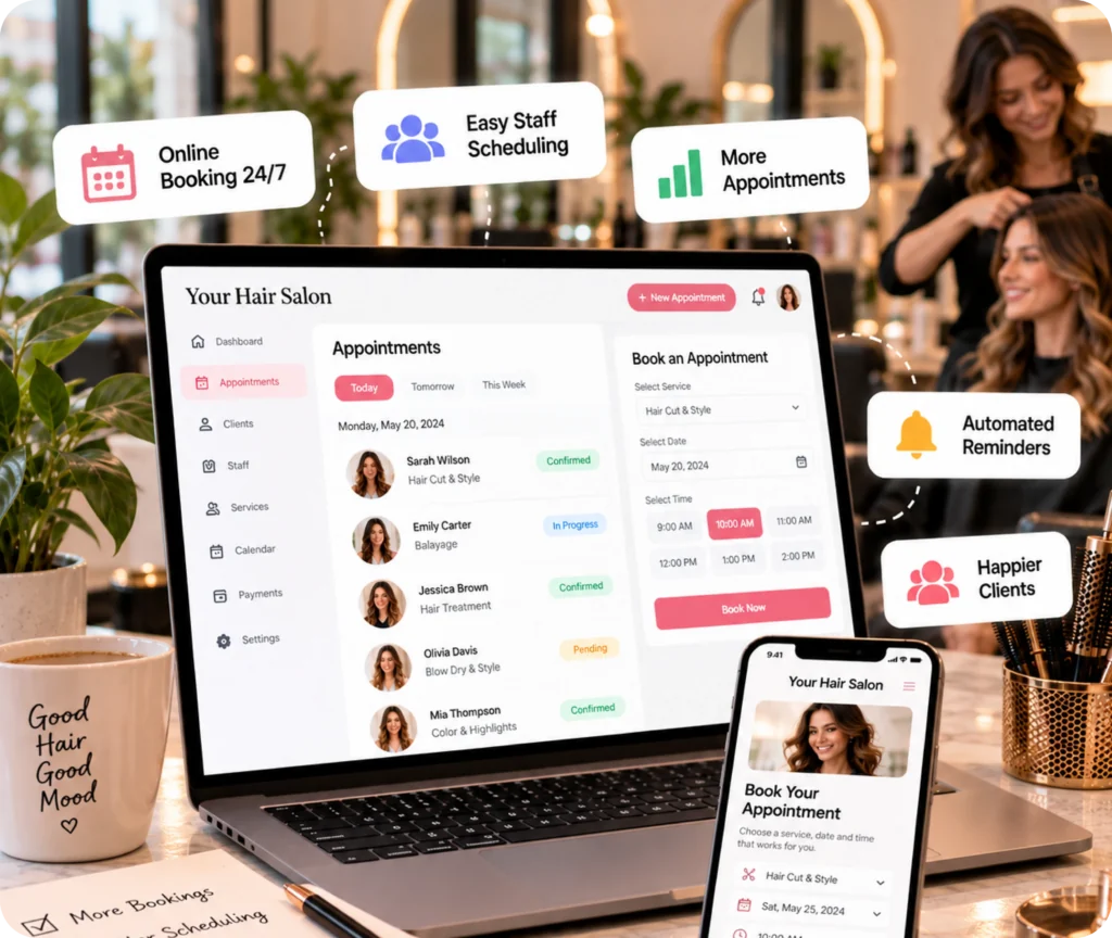 Hair salon booking system for online appointments and salon scheduling by Qrolic