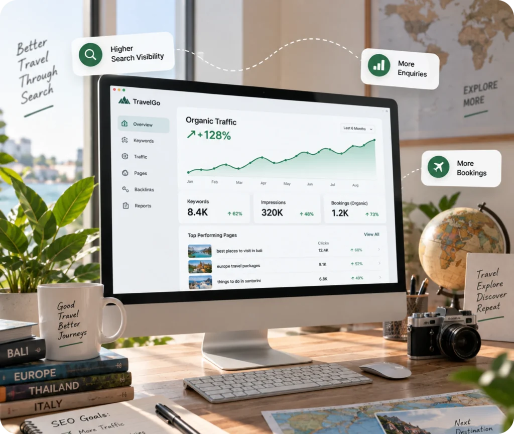 Travel Website SEO Service | Qrolic Travel SEO service dashboard showing organic traffic growth and analytics for a travel agency website.