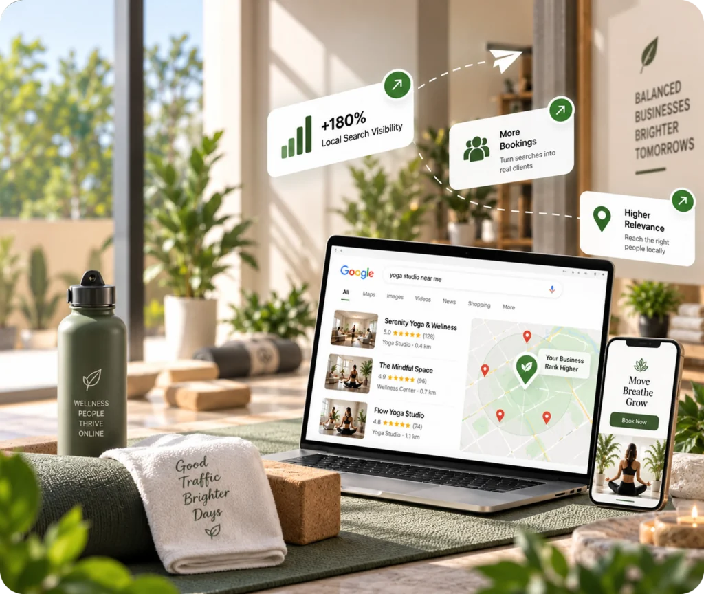 Wellness Website SEO Service | Qrolic Wellness SEO services and search visibility displayed on a desktop screen