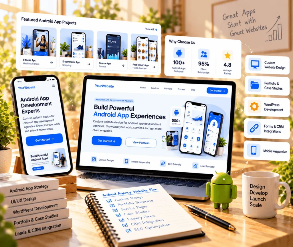 Android App Website Design & Development Service Android app development website design showing a custom agency website with a project portfolio and enquiry form