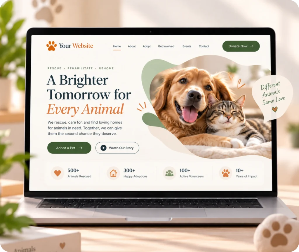 Animal Shelter Website Design & Development Service Animal shelter website design showing a custom WordPress website built around shelter visitors, adoption journeys, team management, and organizational needs