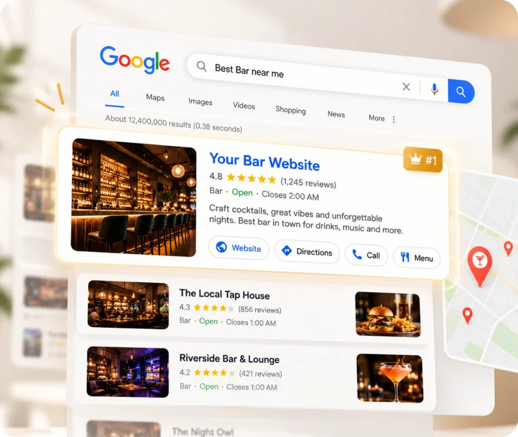 Bar SEO services showing a search-focused strategy designed to improve local discovery, website visibility, customer actions, and online growth for bars, pubs, and lounges
