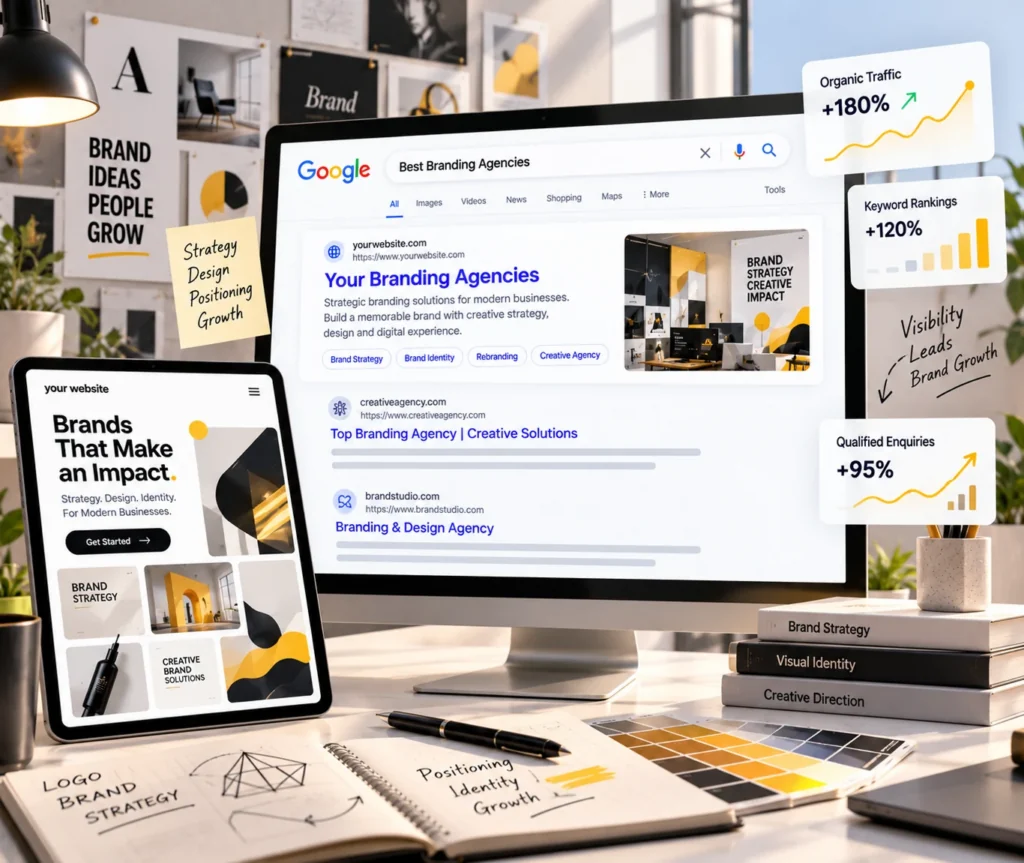 Branding SEO services showing search visibility and enquiry tracking for a branding agency website
