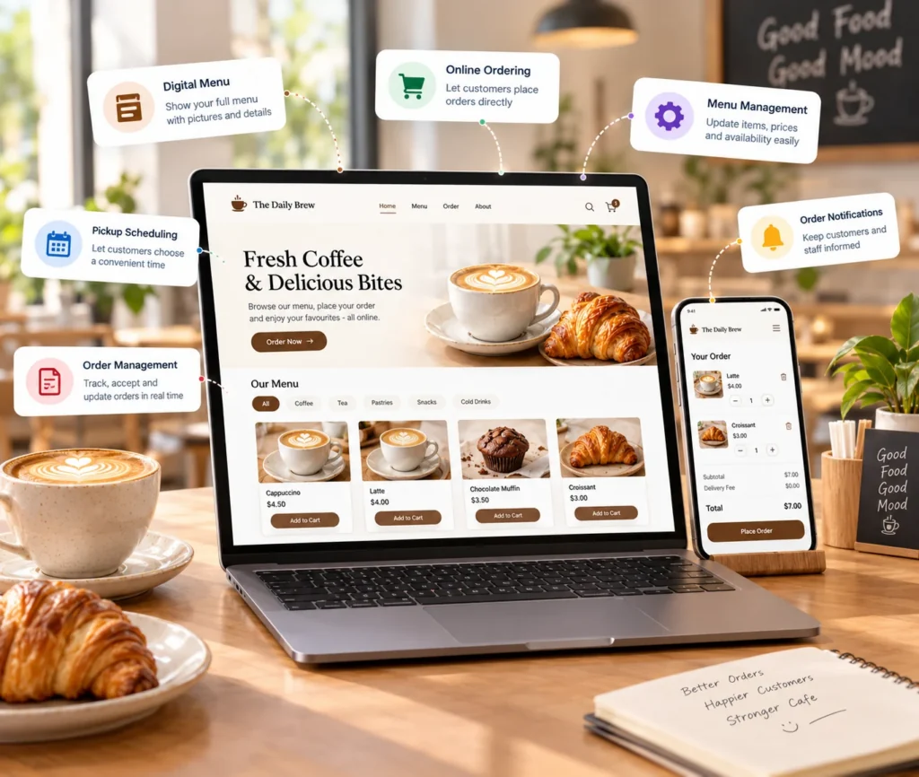 Cafe Online Ordering System Cafe online ordering system showing a digital menu, cart, pickup scheduling, and order management for direct customer orders
