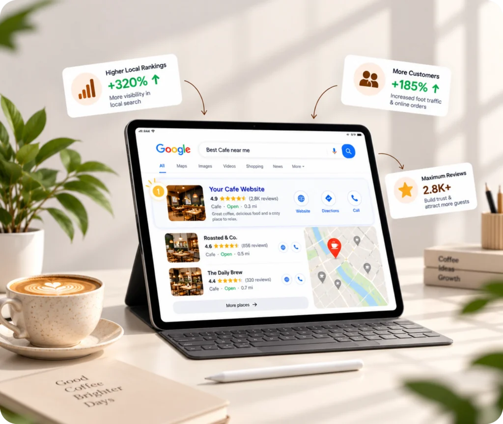 Cafe Website SEO Service Cafe SEO services showing a search-focused strategy designed to improve local visibility, attract nearby customers, and support ongoing cafe business growth