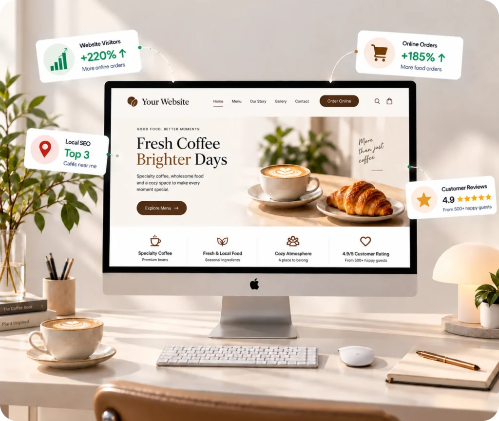 Cafe website design showing a custom WordPress website built around a cafe's brand, customer journey, menu, location, and daily business needs