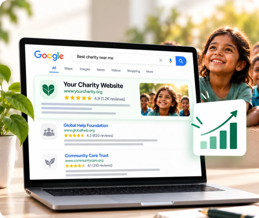 Charity SEO services showing a measurable search strategy that helps supporters find causes, programs, and ways to get involved
