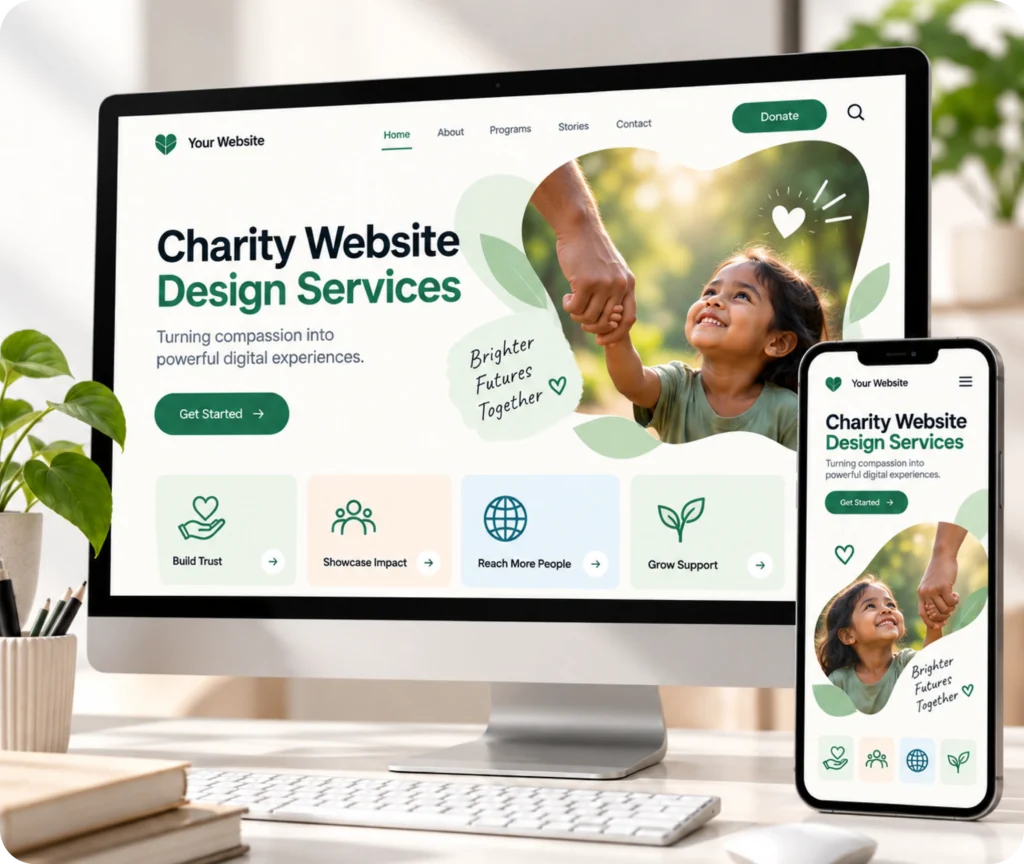 Charity website design showing a custom WordPress website built around a charity's mission, supporter journey, CMS control, and integrations
