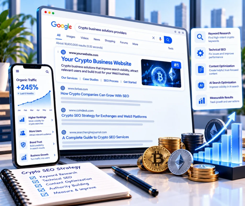 Crypto Website SEO Service Crypto SEO services showing a trust-focused search strategy that improves discoverability for crypto businesses