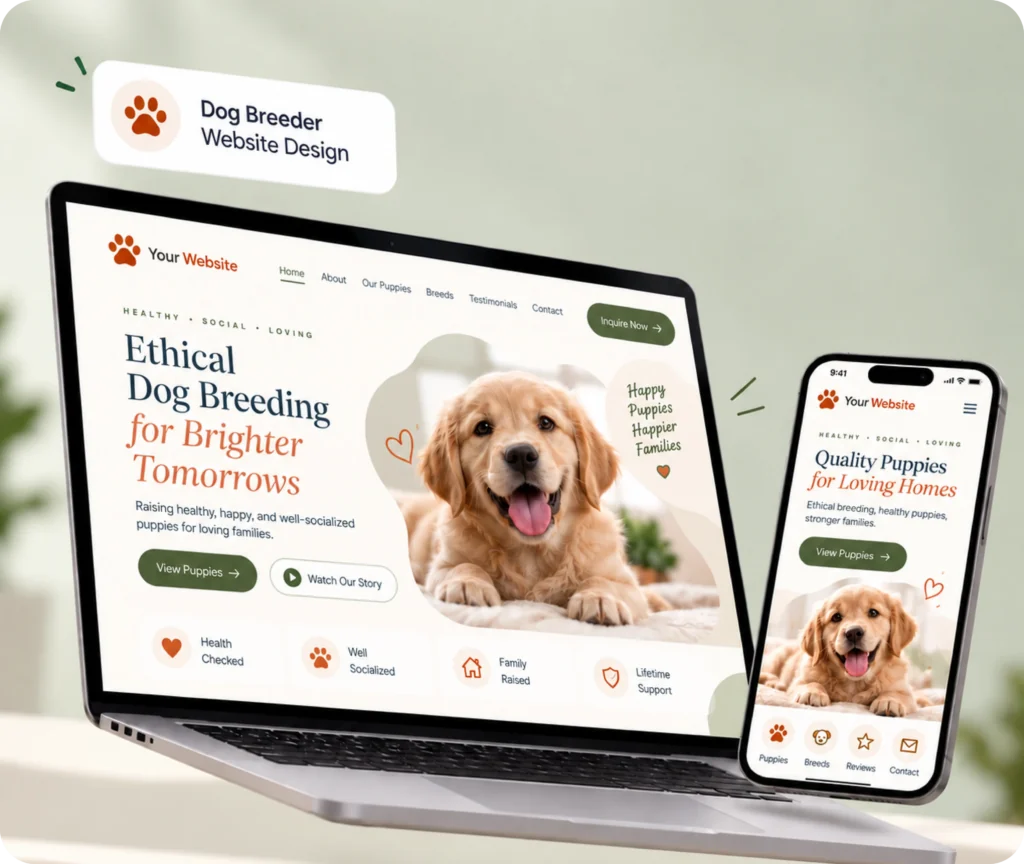 Dog Breeder Website Design & Development Service Dog breeder website design showing a professional website built around a breeding program, buyer journeys, clear information, and easy content management
