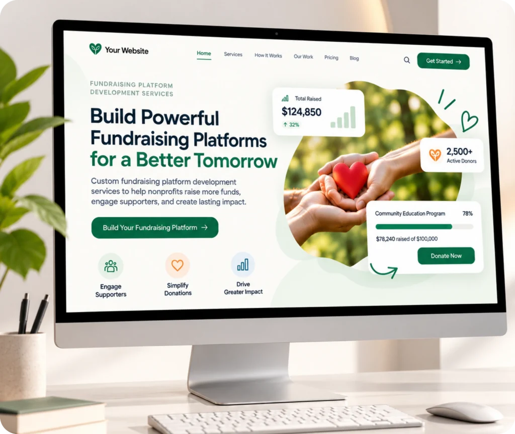 Fundraising Platform Development Service Donation and fundraising platform development showing a custom platform that supports giving, campaign workflows, and organization control