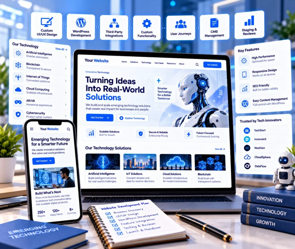 Emerging Tech Website Design & Development Service Emerging tech website design showing a custom WordPress website that explains technology products clearly to buyers and partners