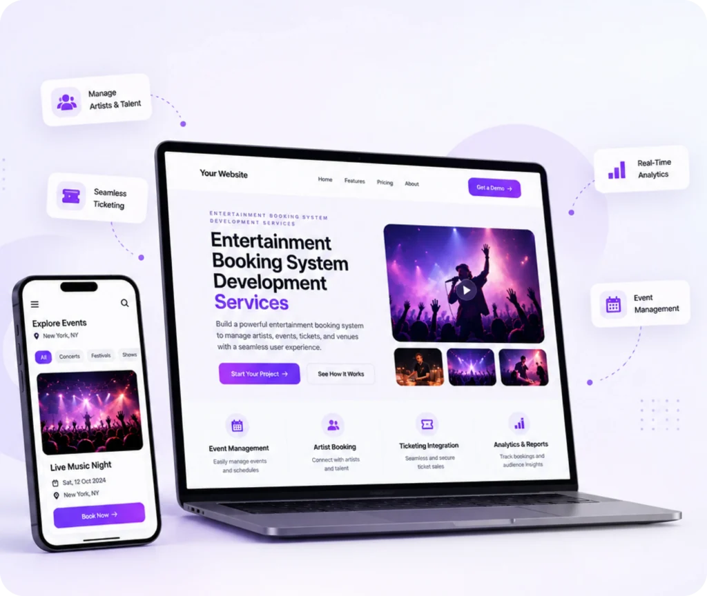 Entertainment Booking System Development Service Entertainment booking system development showing a custom booking system for managing enquiries, availability, bookings, and client communication