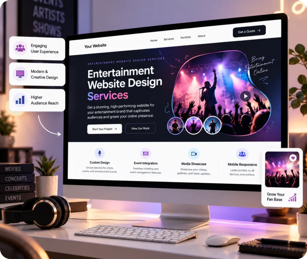Entertainment Website Design & Development Service Entertainment website design showing a custom WordPress website built around an entertainment business's brand, audience journey, CMS control, and integrations