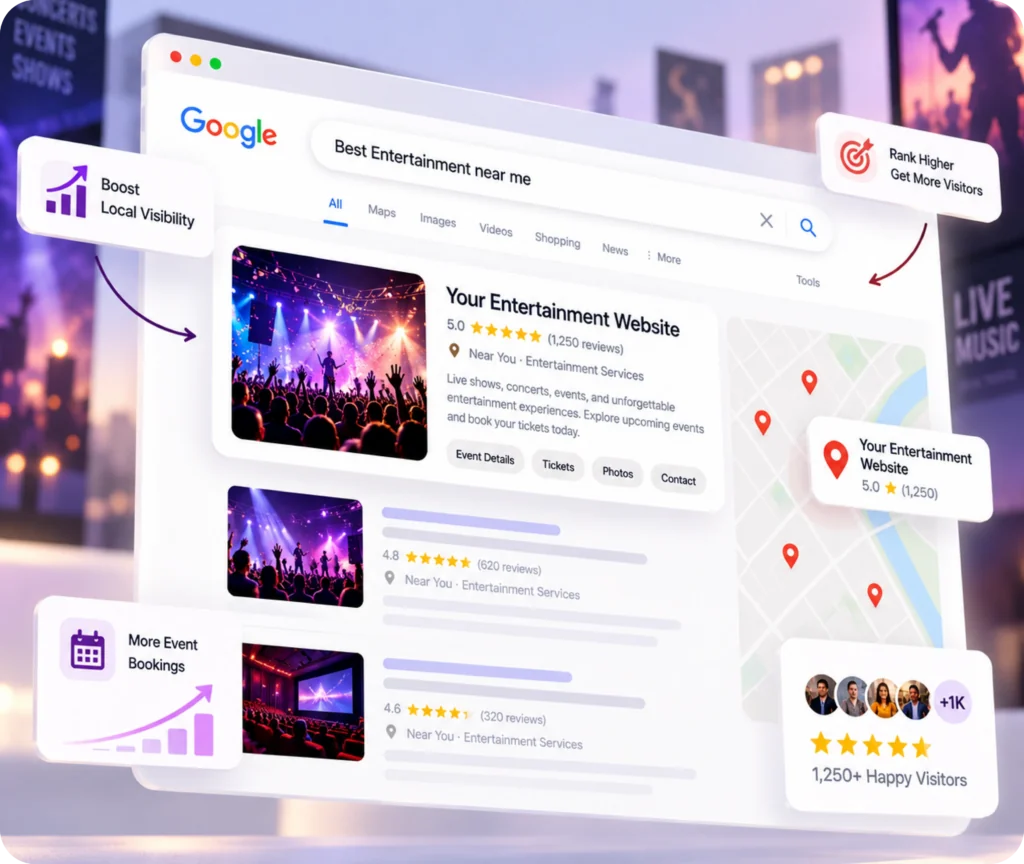 Entertainment Website SEO Service Entertainment website SEO services showing a structured search strategy that improves visibility, qualified traffic, and measurable enquiries