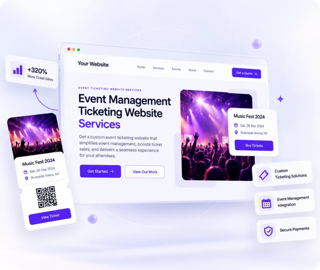 Event management ticketing website showing a branded experience for ticket sales, booking, and online registration for attendees and organizers
