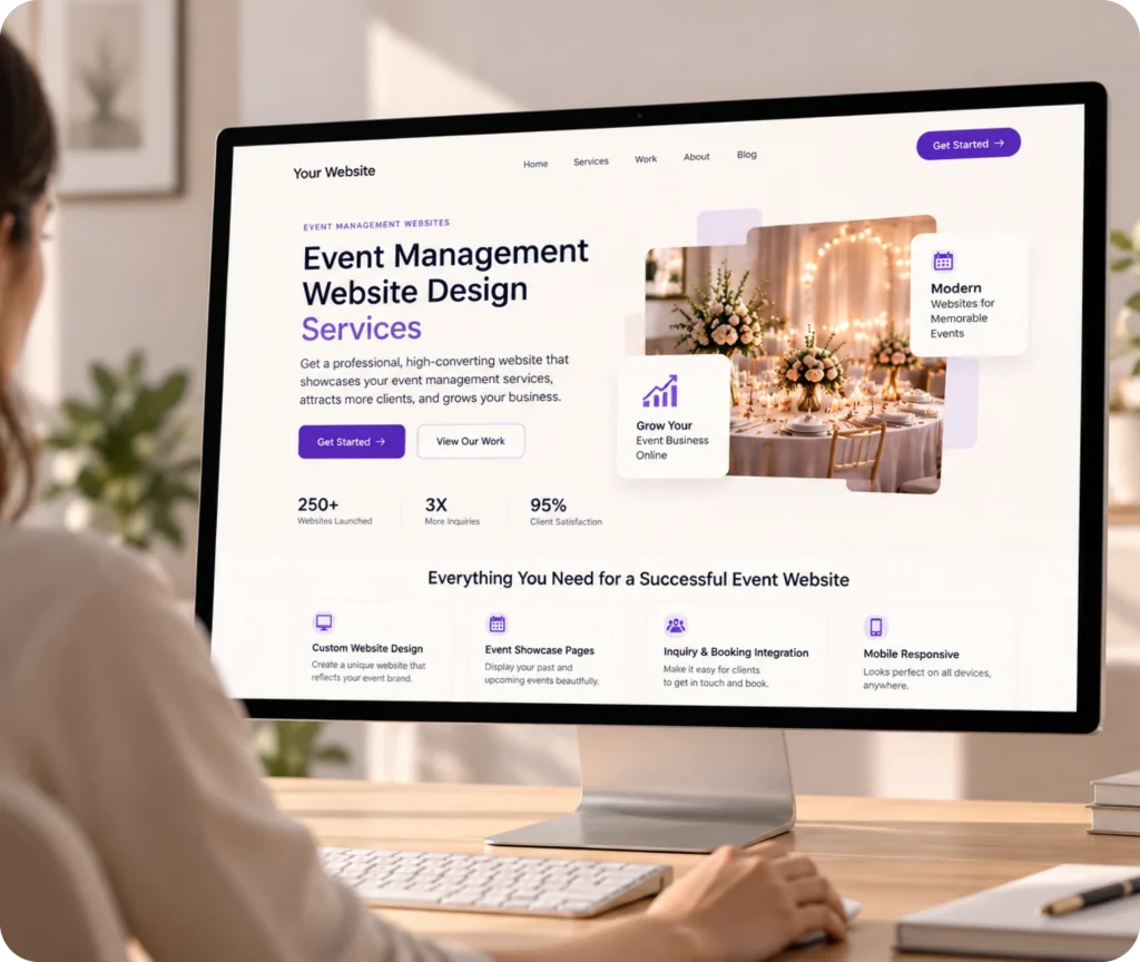 Event Management Website Design & Development Service Event management website design showing a custom WordPress website built around an event business's brand, services, customer journey, CMS control, and integrations