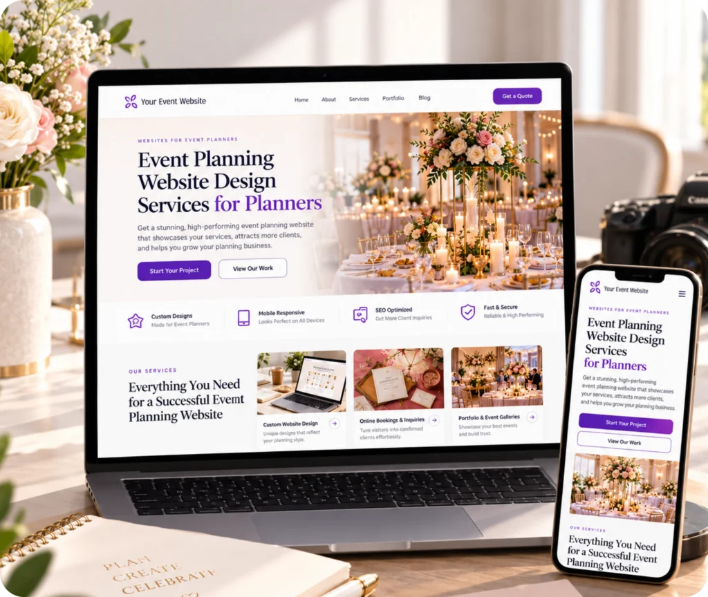Event Planning Website Design & Development Service Event planning website design showing a custom WordPress website built around a planner's brand, services, inquiry journey, CMS control, and business tools