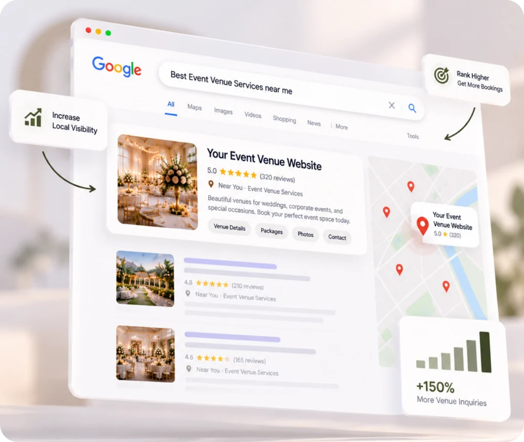Event Venue Website SEO Service Event venue SEO services showing a structured search strategy that improves local visibility, qualified enquiries, and measurable search performance for venues.
