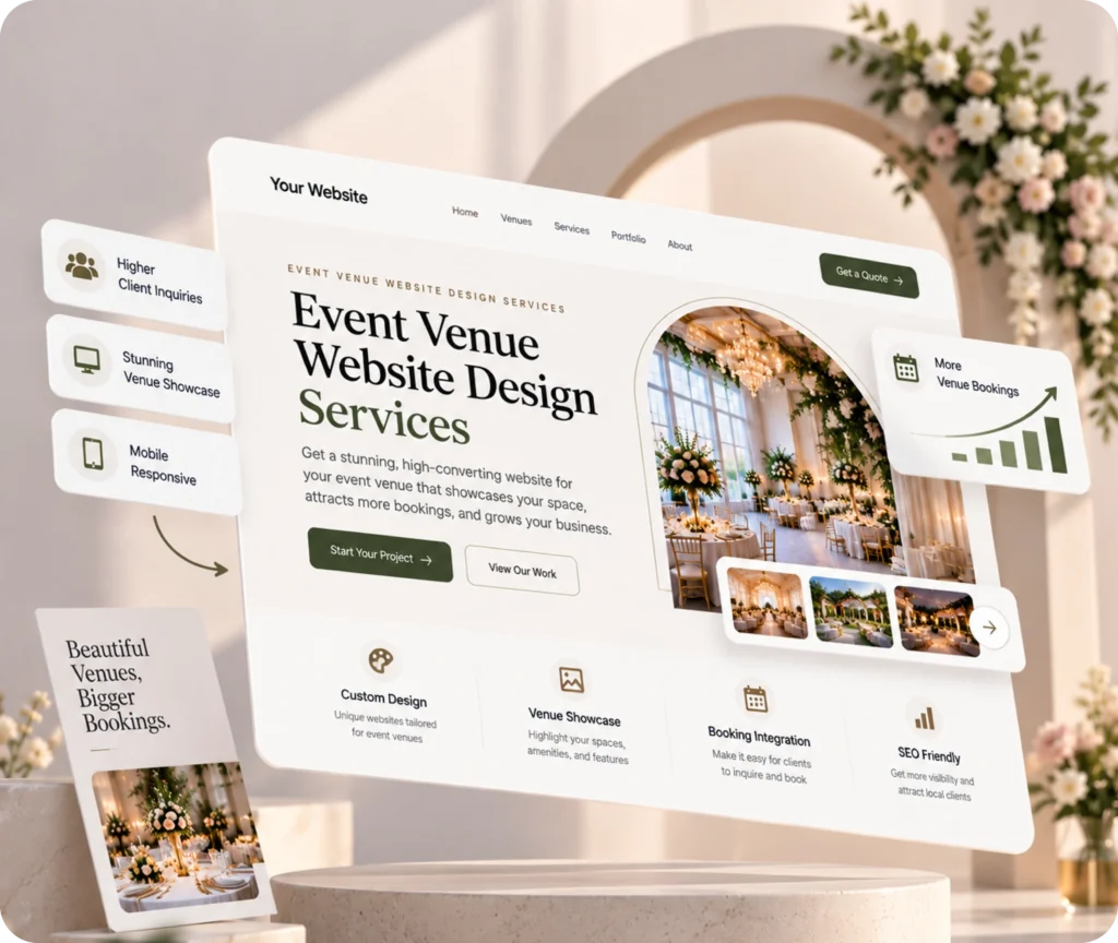 Event Venue Website Design & Development Service Event venue website design showing a custom WordPress website built around a venue's space, brand, visitor journey, CMS control, and enquiry path