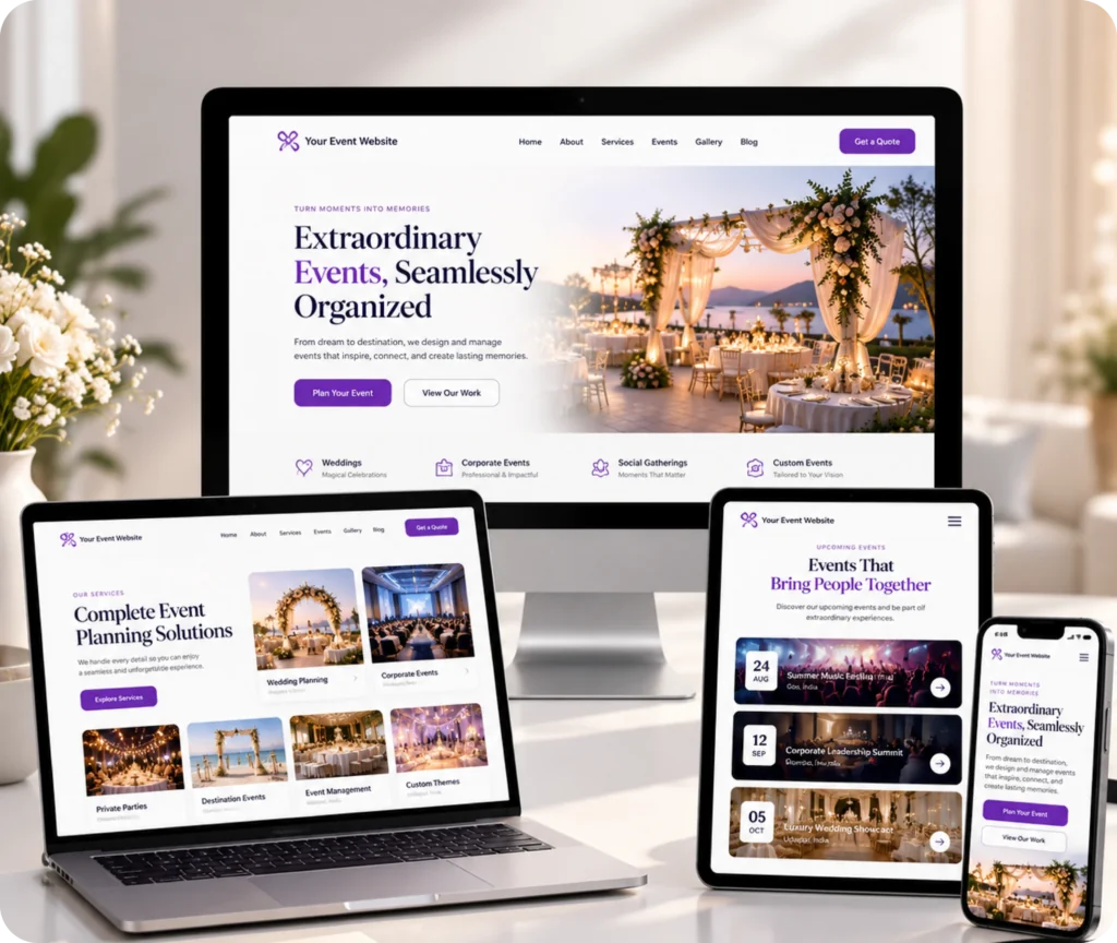 Event Website Design & Development Service Event website design showing a custom WordPress website built around an event's information, brand, visitor journey, content management, and integrations
