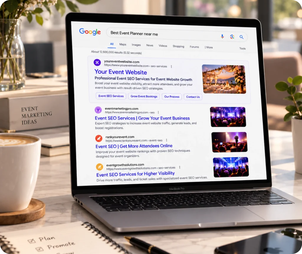 Event Website SEO Service Event SEO services showing a structured search strategy that improves event website visibility, qualified traffic, conversions, and ongoing growth