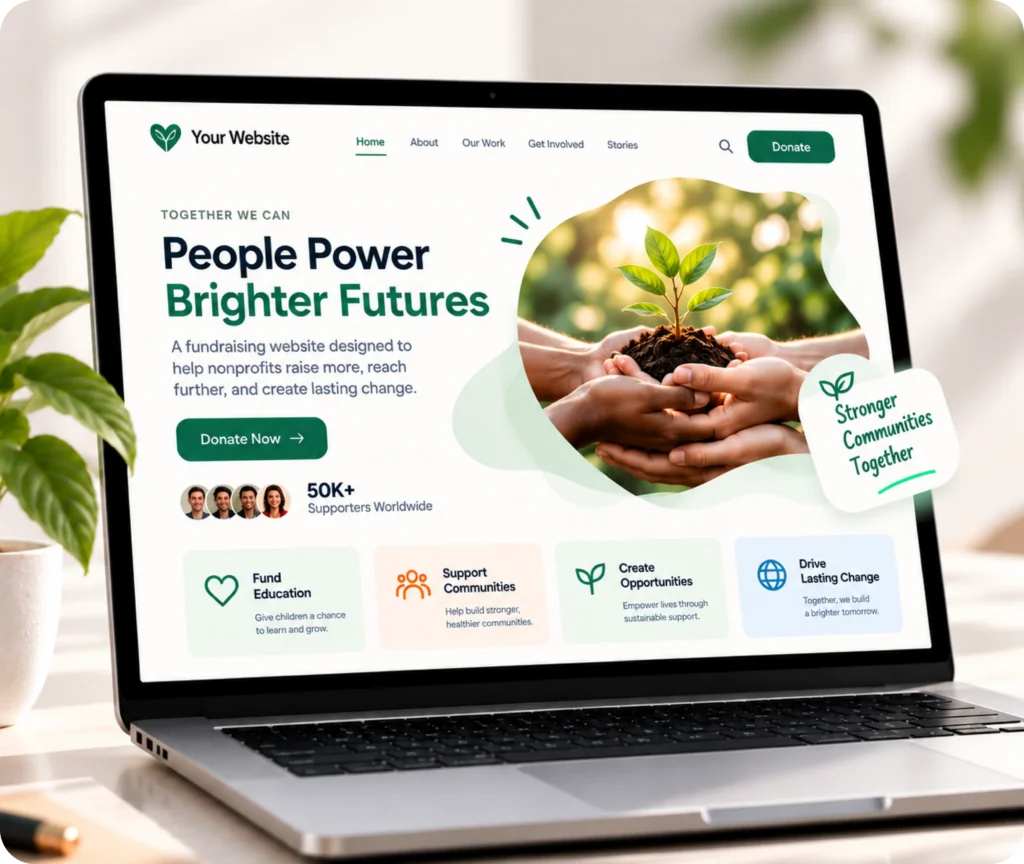 Nonprofit Fundraising Website Design & Development Service Fundraising and donation website design showing a custom WordPress website built around giving journeys, campaigns, CMS control, and donor-friendly structure