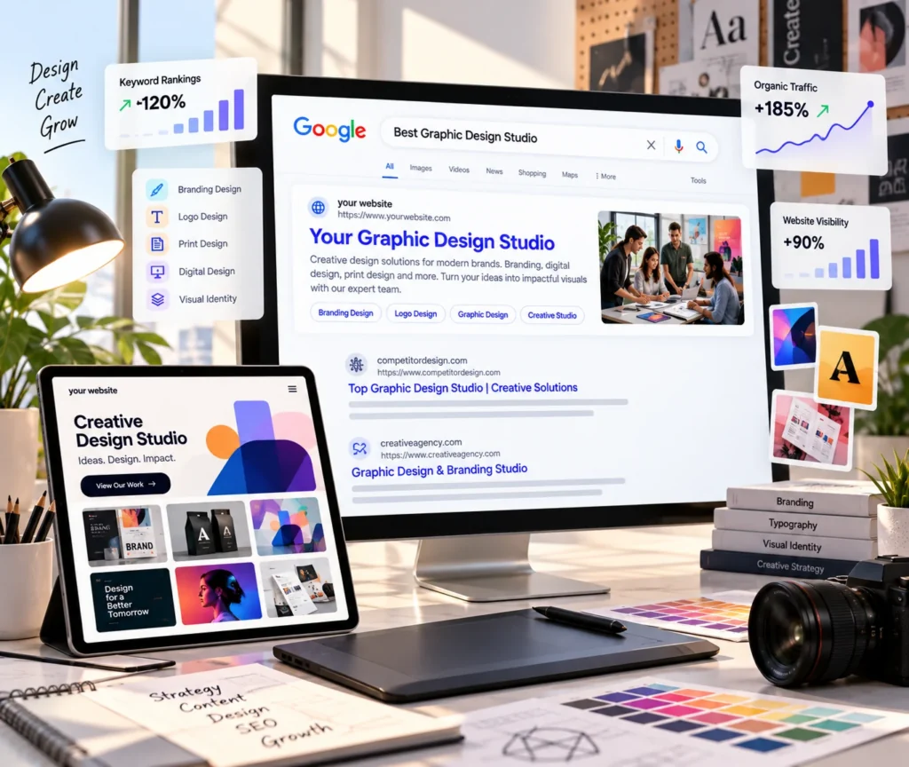 Graphic design studio SEO services showing portfolio page visibility and enquiry tracking for a design studio website