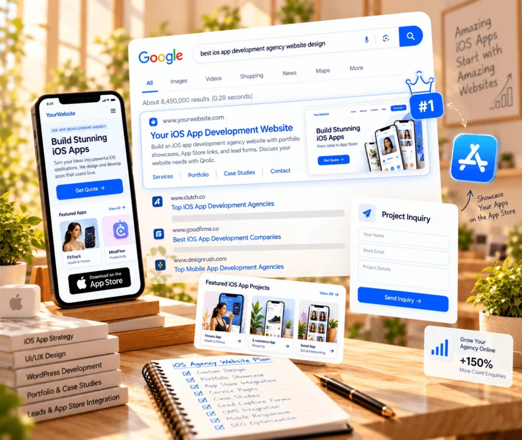 iOS App Website Design & Development Service iOS app development agency website showing a portfolio, App Store links, and a project inquiry form