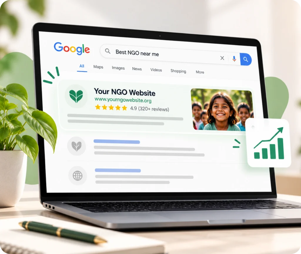 NGO Website SEO Service NGO SEO services showing a structured search strategy that improves visibility for programs, causes, locations, and other relevant searches