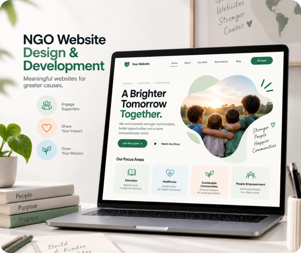 NGO website design showing a custom WordPress website built around an organization's mission, audience journeys, CMS control, and integrations
