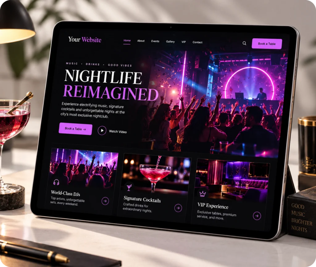 Nightclub Website Design & Development Service Nightclub website design and development showing a custom website built around a venue's brand, guest experience, editable content, business tools, and team management