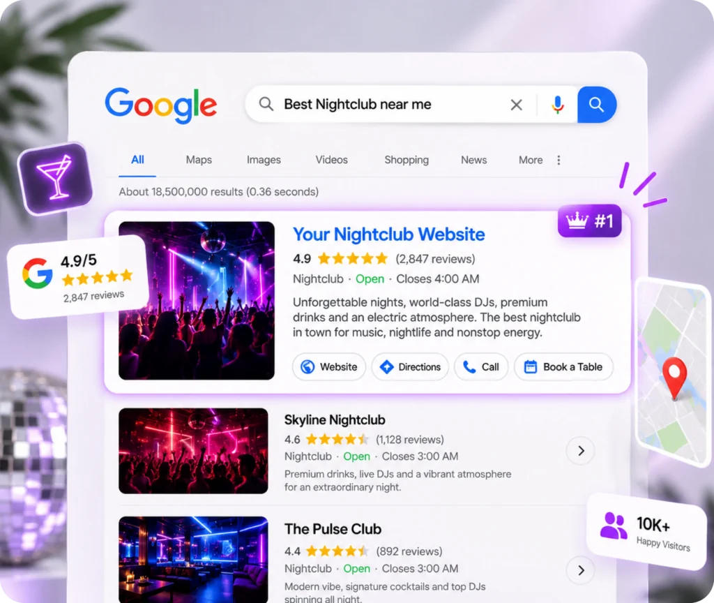 Nightclub Website SEO Service Nightclub SEO services showing a search-focused strategy designed to improve online visibility, local discovery, website performance, customer actions, and ongoing growth for nightclubs