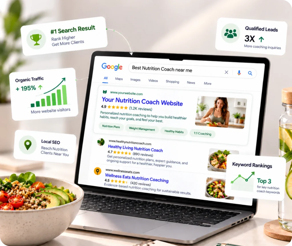 Nutrition coach SEO services showing a search-focused strategy designed to improve online visibility and attract relevant nutrition clients
