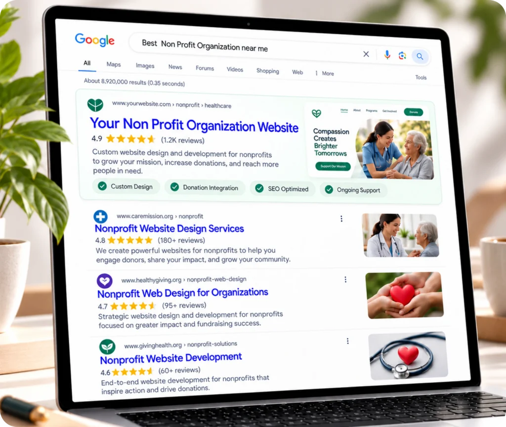 Nonprofit SEO services showing a mission-focused search strategy that improves organic visibility and helps supporters find information, programs, and services
