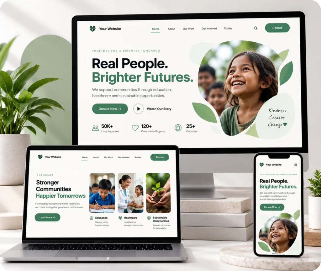 Nonprofit website design showing a custom WordPress website built around an organization's mission, audience journey, CMS control, and integrations

