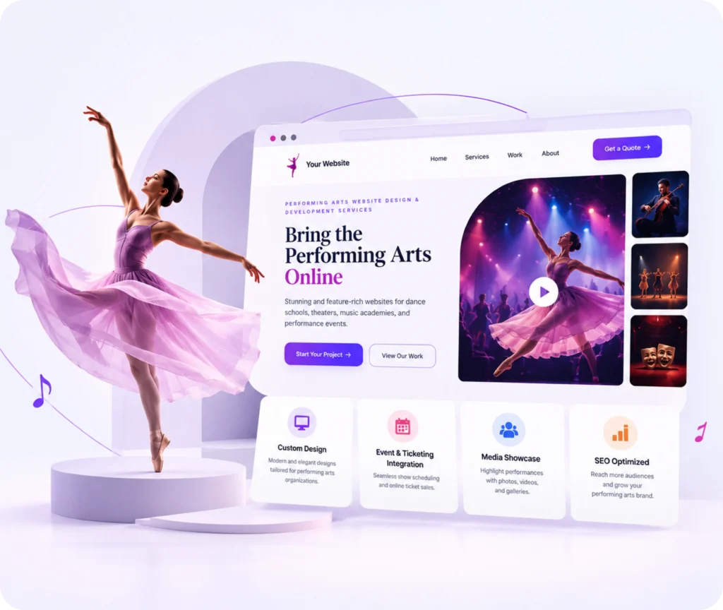 Performing Arts Web Design & Development Service Performing arts website design showing a custom WordPress website built around a company's productions, audience journey, CMS control, and integrations