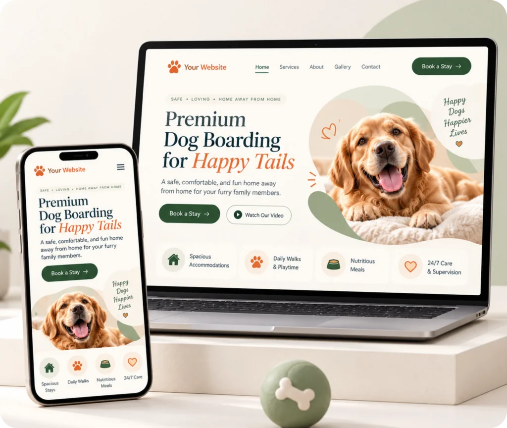 Dog Boarding Website Design & Development Service Dog boarding website design showing a custom website built around boarding, daycare, pet hospitality services, customer trust, and business management