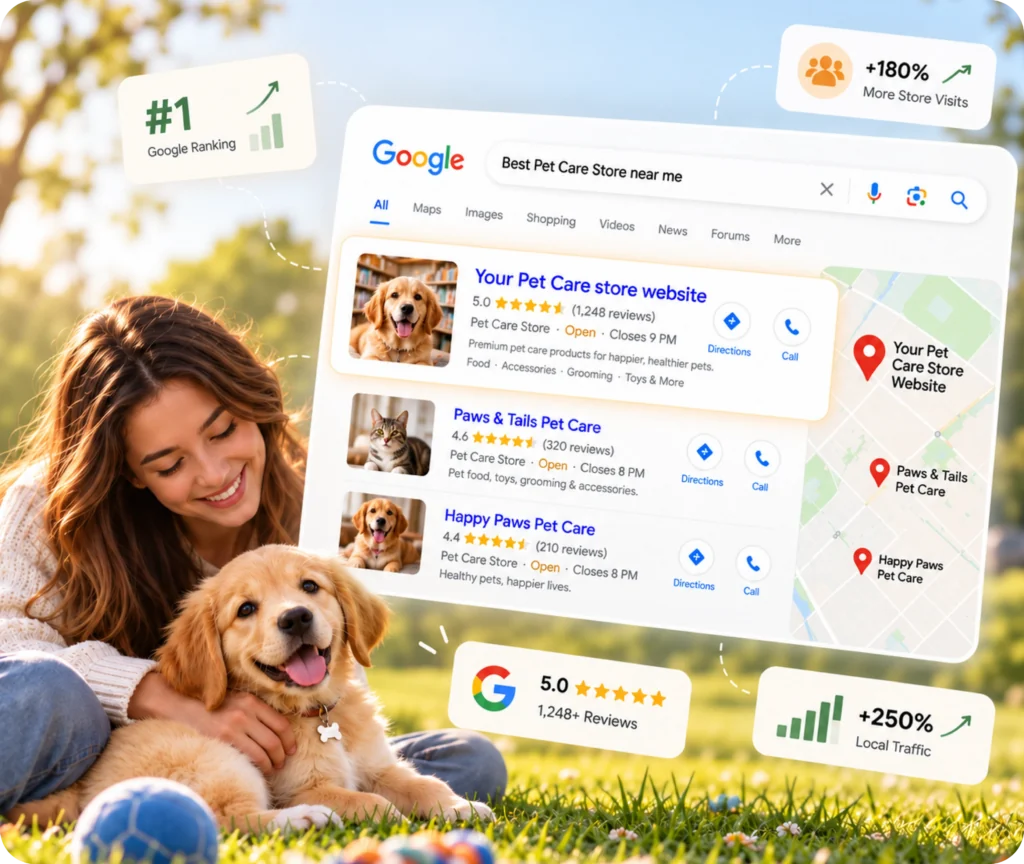 Pet Cate Website SEO Service Pet care SEO services showing a structured search strategy designed to improve visibility, relevance, local discovery, customer actions, and measurable growth