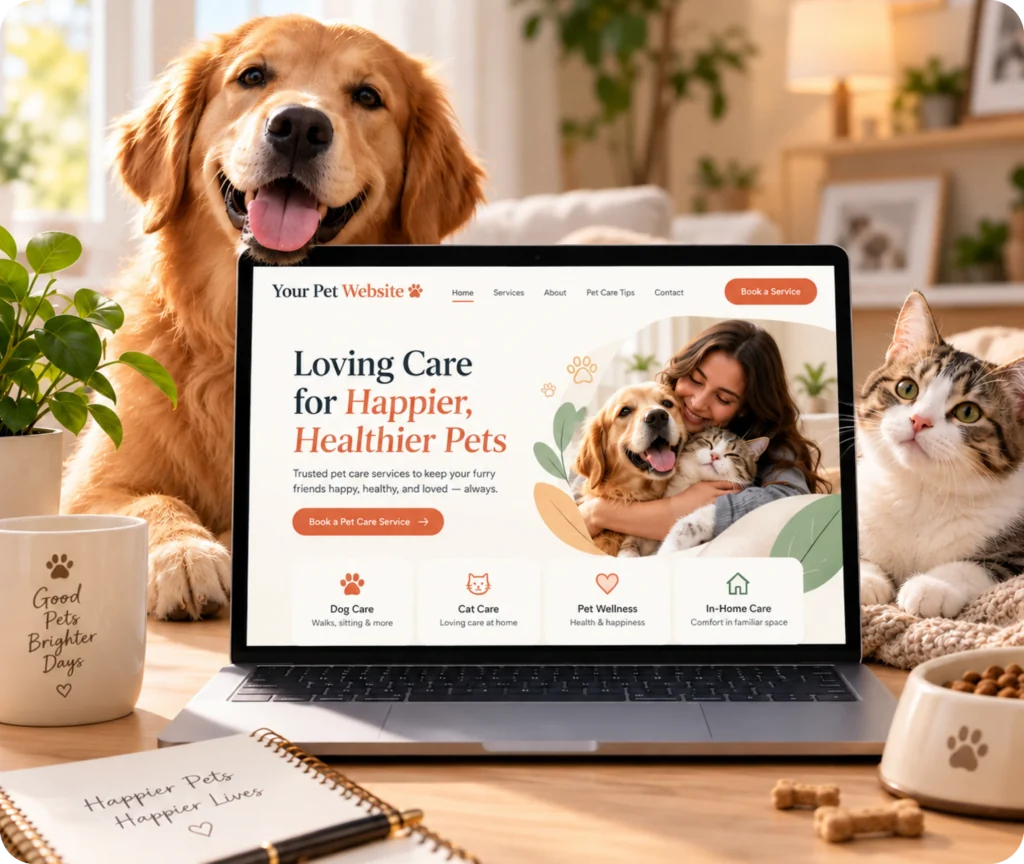 Pet Care Website Design & Development Service Pet care website design and development showing a custom WordPress website built around a pet care business, audience, services, content, and website management needs